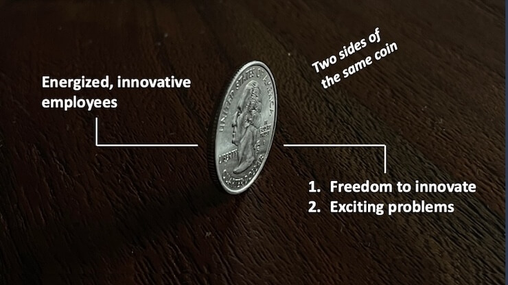 Image showing two sides of the same coin. One side = Energized, innovative employees. The other side = Freedom to innovate + exciting problems.