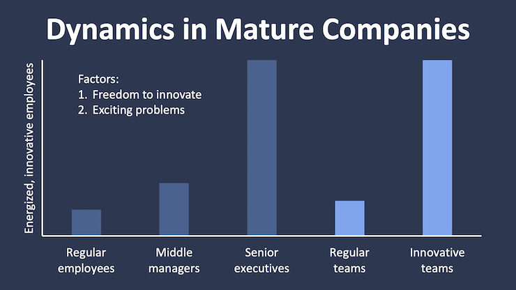 Graph showing % of energized, innovative employees across 5 groups in mature companies: (1) Regular employees, (2) Middle managers, (3) Senior executives, (4) Regular teams, and (5) Innovative teams. Only senior executives and innovative teams are mostly energized, innovative employees. The other 3 groups lag far behind because they lack: (1) Freedom to innovate, and (2) Exciting problems.