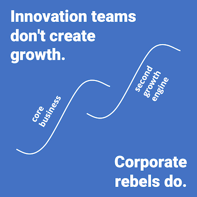 Shows "core business" S-curve followed by "second growth engine" S-curve. Innovation teams don't create growth. Corporate rebels do.